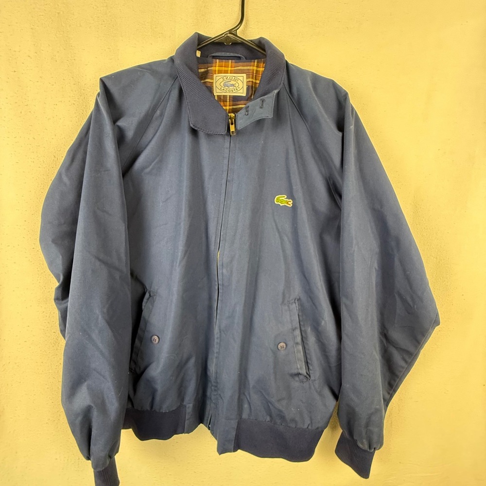 Izod Lacoste Jacket Mens L Navy Blue Harrington Plaid Lined Vintage Bomber Zip